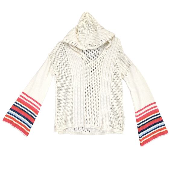 Hem & Thread Women's L Open Knit Flared Stripe Sleeve Hoodie Sweater Beachy Boho - Picture 1 of 6